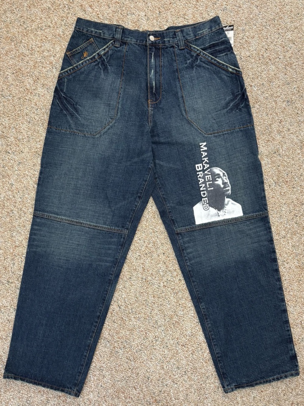 NWT Makaveli Branded Tupac Vintage Baggy Jeans 38 Wide Leg Y2K Hip Hop Denim